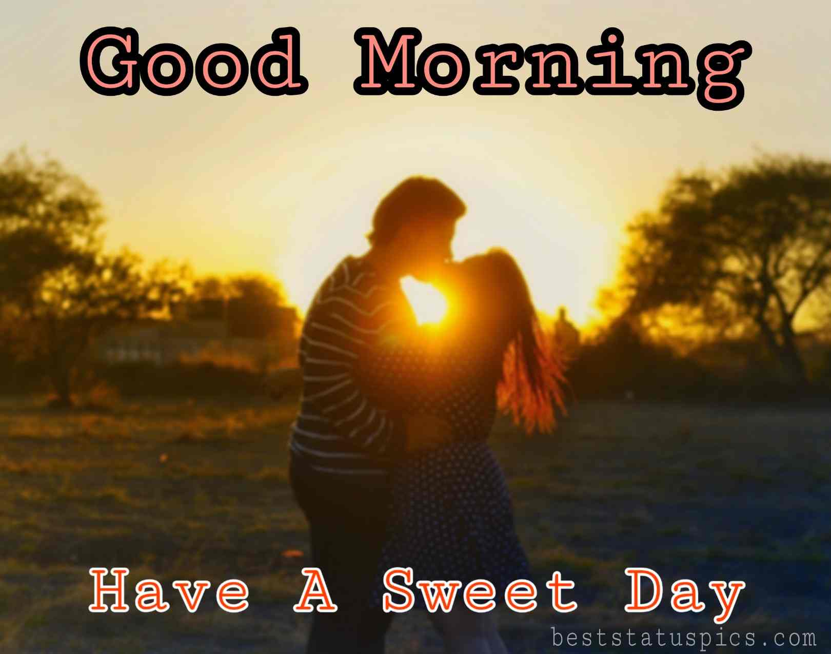 Good morning romantic couple kiss images with Have a sweet day quote for Whatsapp status
