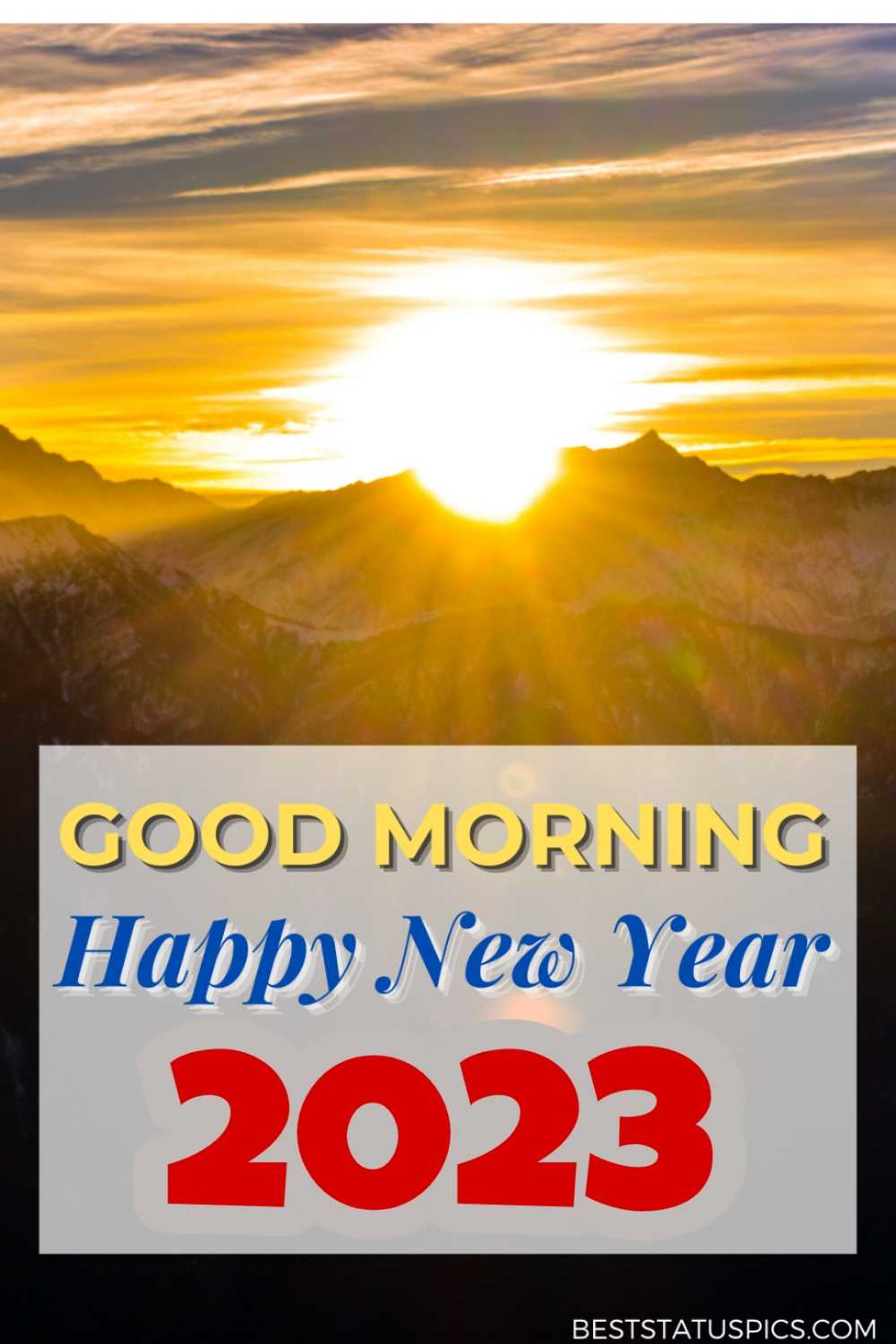Happy New Year 2023 Good Morning images HD with sunrise and mountain for Whatsapp DP