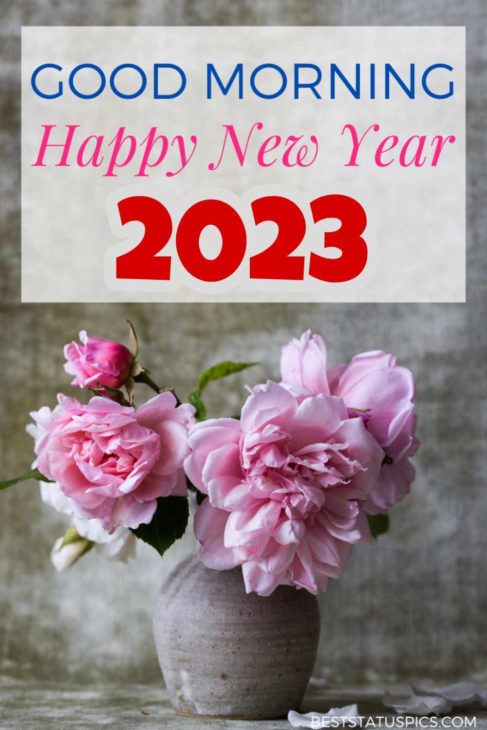 Good Morning Happy New Year 2023 greeting card with pink rose and flower vase for friend