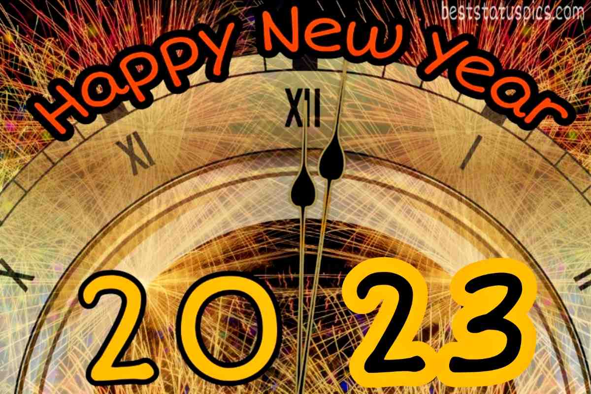 Nice Happy new year 2023 wishes and greeting card with 12 o clock watch
