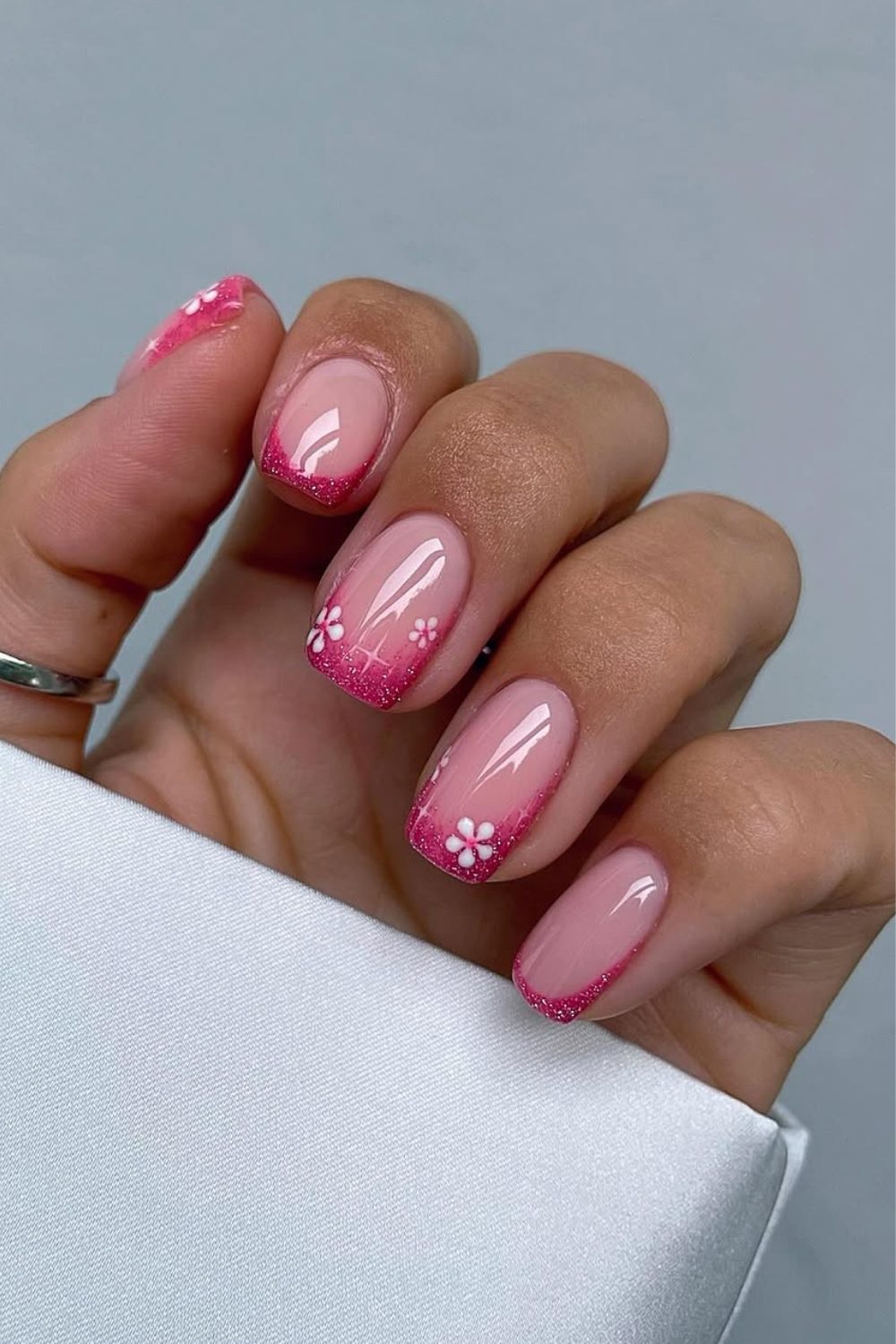 Short Spring Nail ideas - Pink Glitter French – Sparkly and Sweet with Floral Charm
