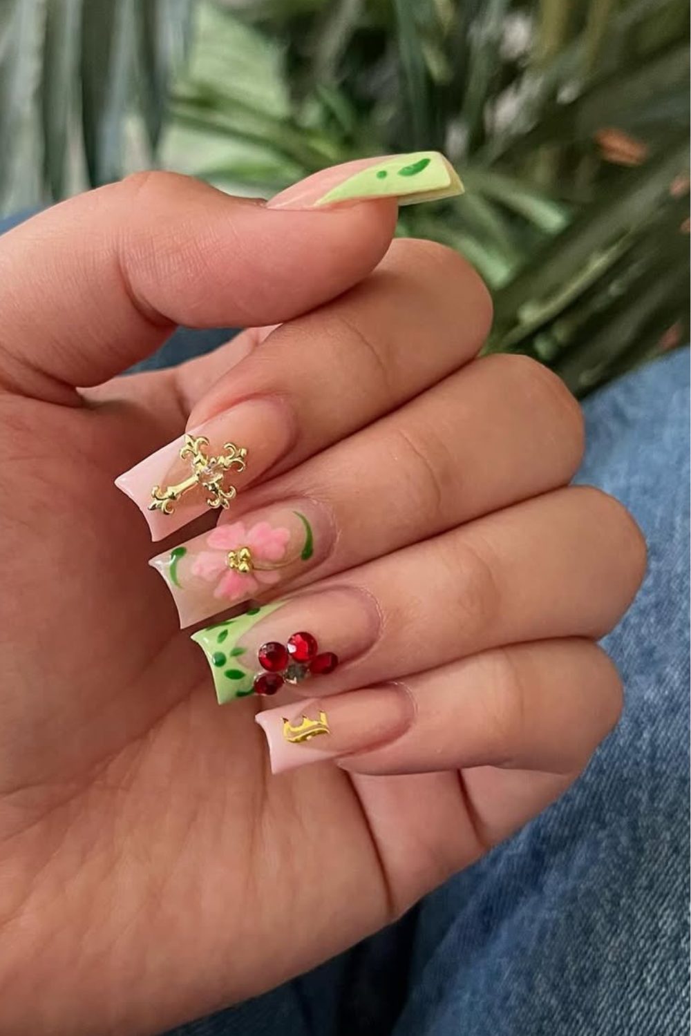 Spring Garden Glam – Floral & Jewel Coffin Nails