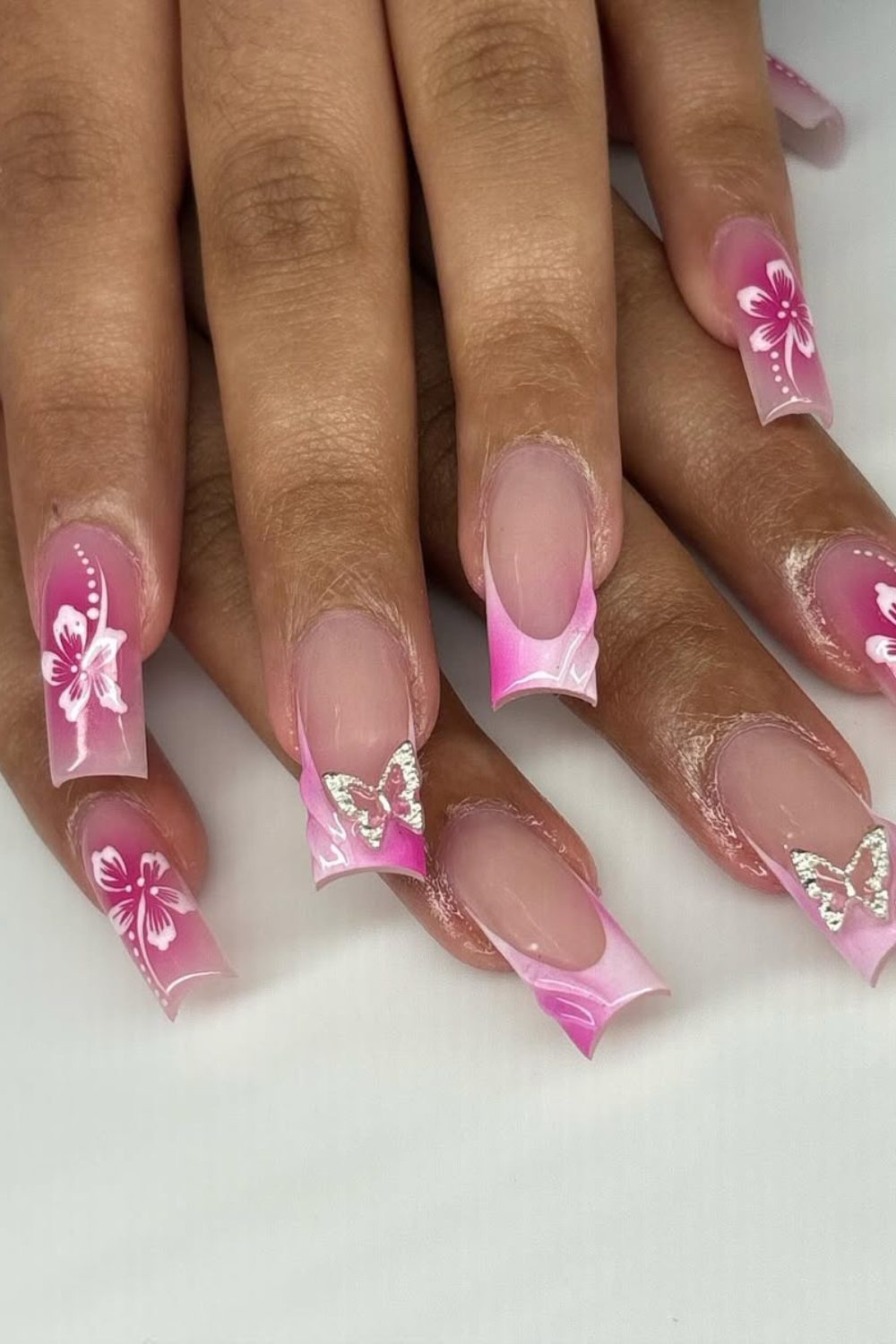 Pink Paradise – Tropical Floral Coffin Nails for spring