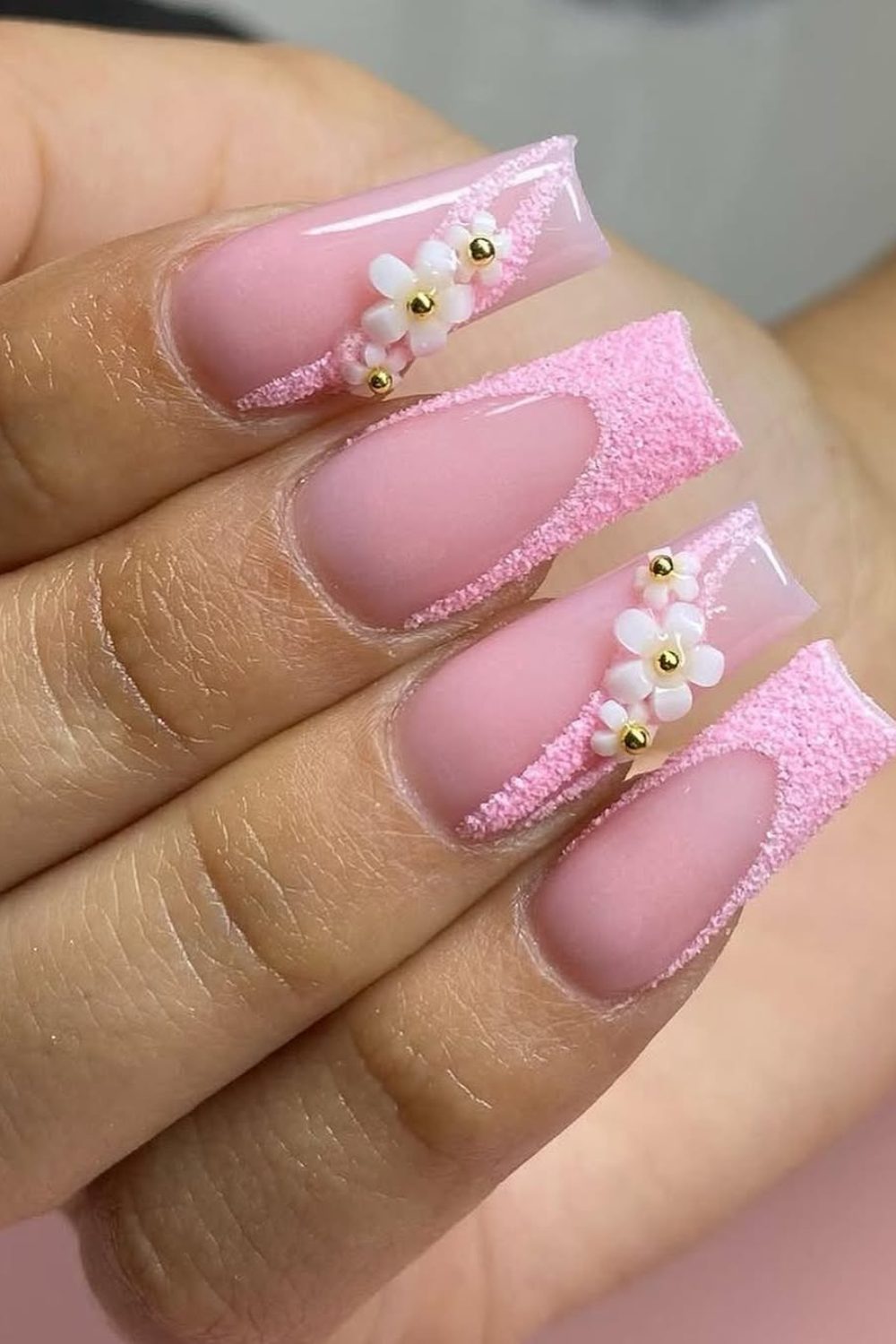 Textured Blossom – Soft Pink Sugar Coffin Nails