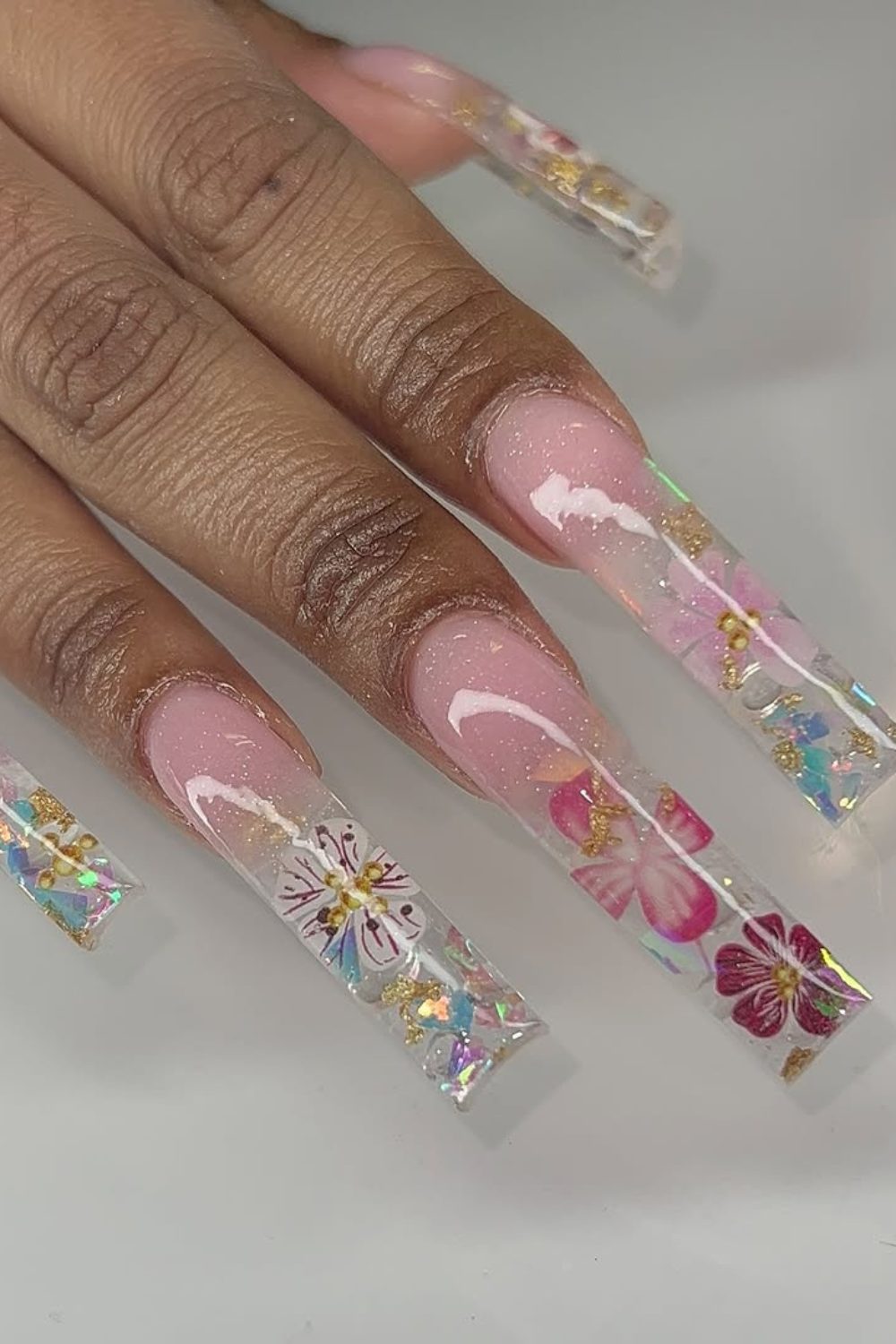 Crystal Bloom – Transparent Floral Coffin Nails