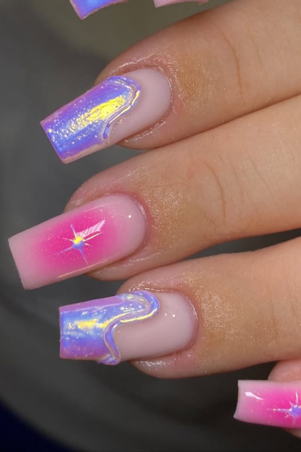 Spring Holographic Sunset – Iridescent Ombre Coffin Nails