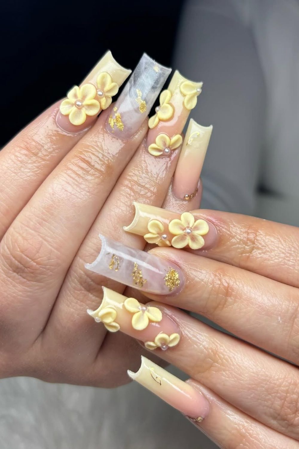 Golden Bloom – Soft Yellow Floral Coffin Nails for spring