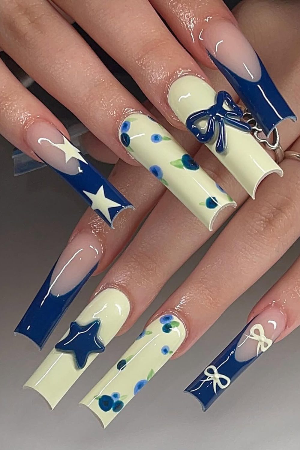 Midnight Garden – Starry Blue & Floral Coffin Nails for spring