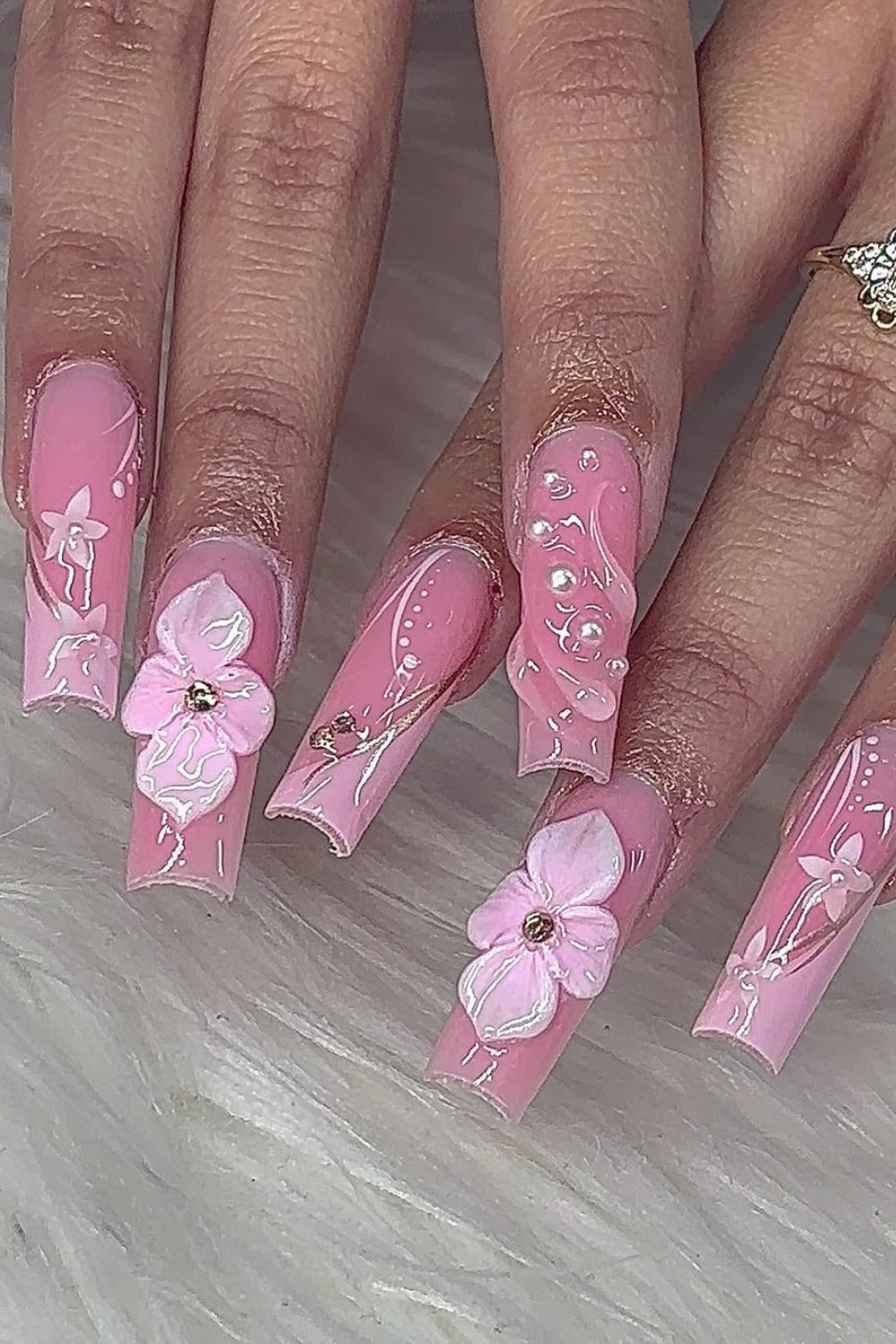 Blush Bloom – Romantic Pink 3D Floral Coffin Nails