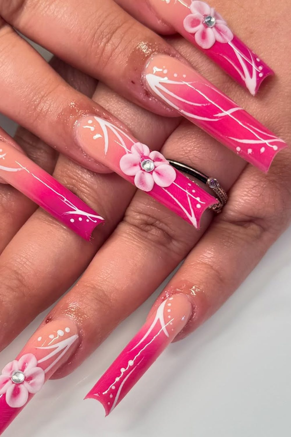 Fuchsia Blossom – Bold Pink Ombre Coffin Nails