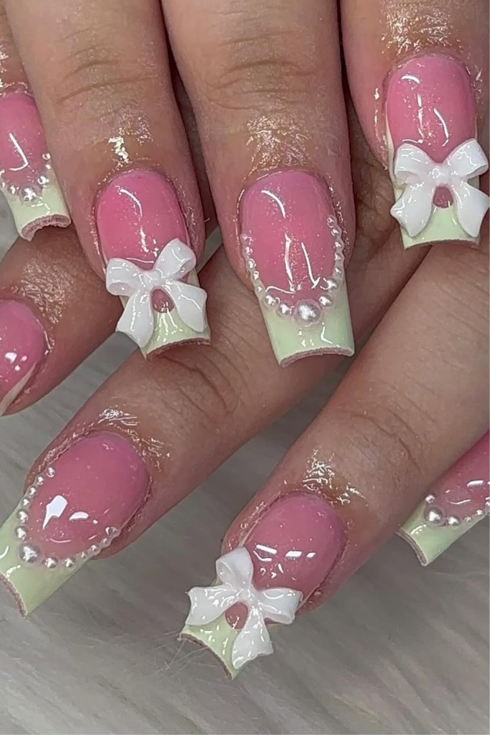 Pastel Bow Charm – Elegant Pink and Green Coffin Nails