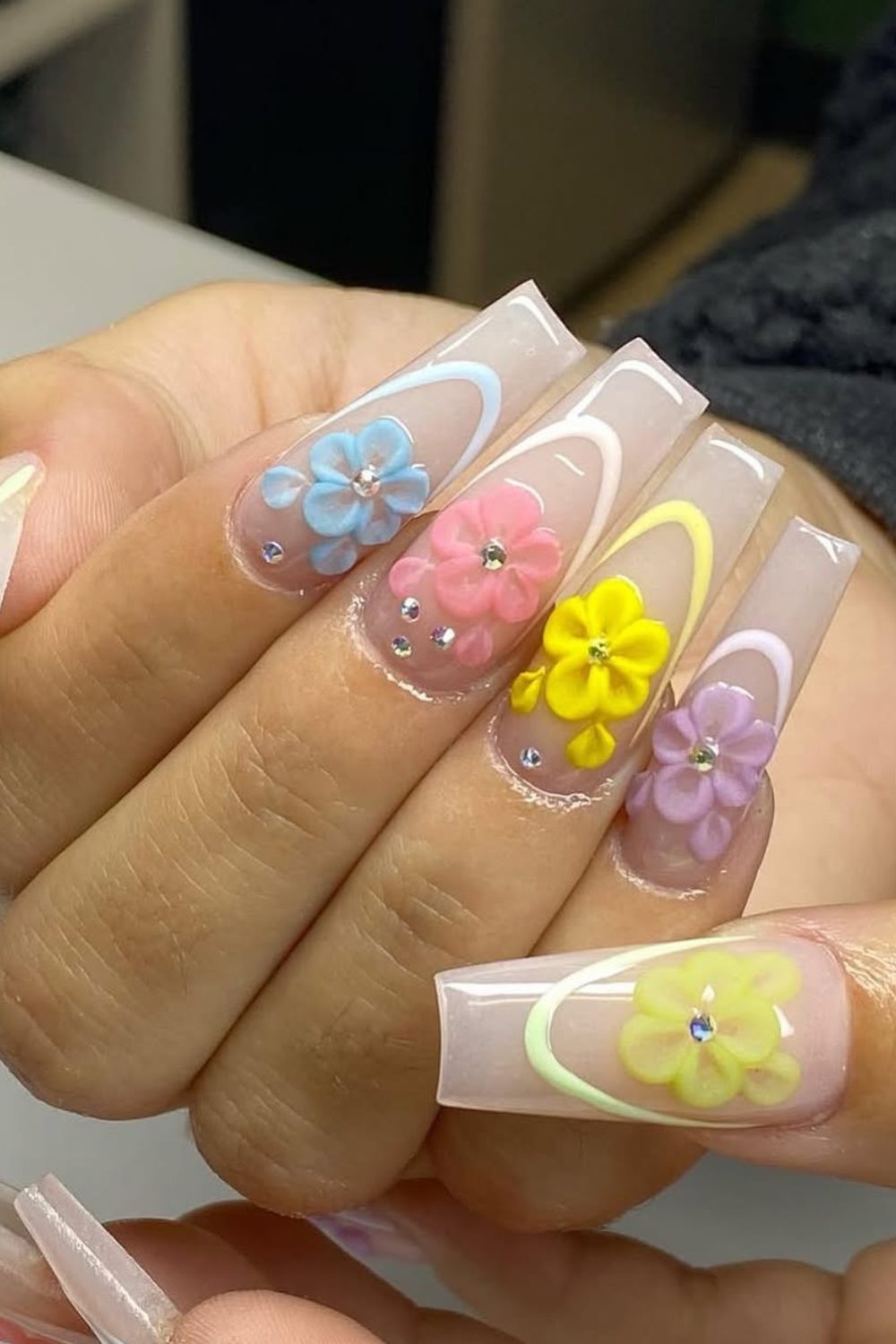 Blooming Pastels – 3D Floral Coffin Nails