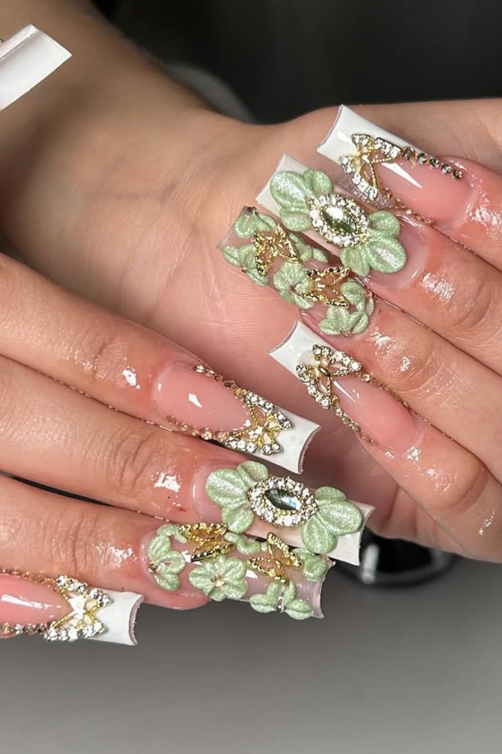 Emerald Bloom Luxe – Opulent Floral Coffin Nails for spring