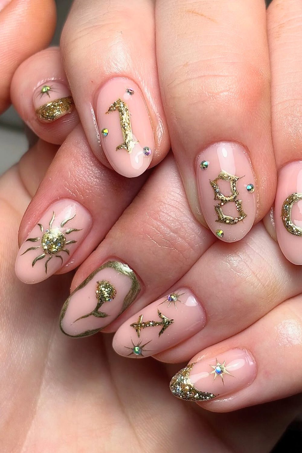 Celestial Gold Glow-Up - 18th Birthday Acrylic Nail Ideas