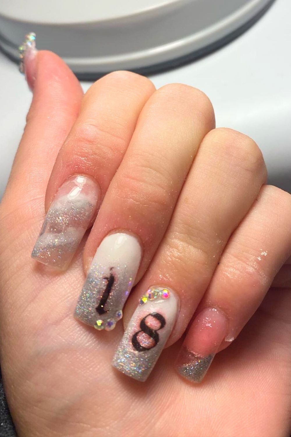 Holographic Silver Birthday Sparkle - 18th Birthday Acrylic Nail Ideas