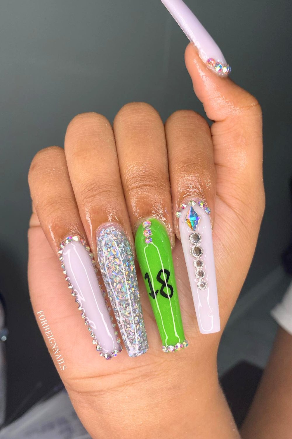 Green Pop & Diamond Drip - 18th Birthday Acrylic Nail Ideas