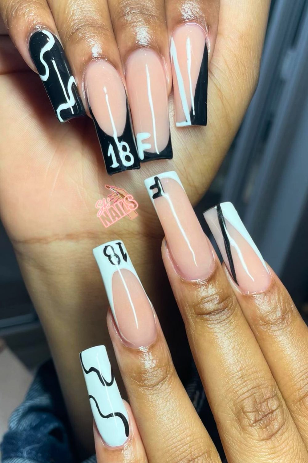 Black & White Chic Statement - 18th Birthday Acrylic Nail Ideas