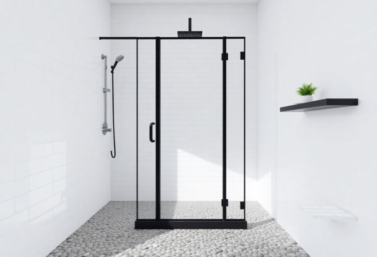 Modern standing shower with white tiles, frameless glass, matte black fixtures, and pebble flooring in a clean, uncluttered bathroom setting.
