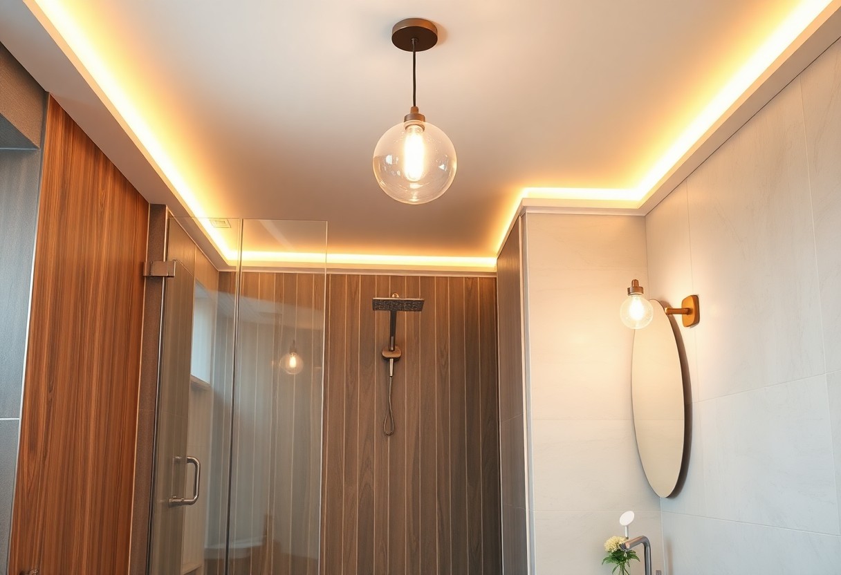 Modern bathroom shower with warm ceiling pendant lights and wood accents, creating a cozy, inviting atmosphere.