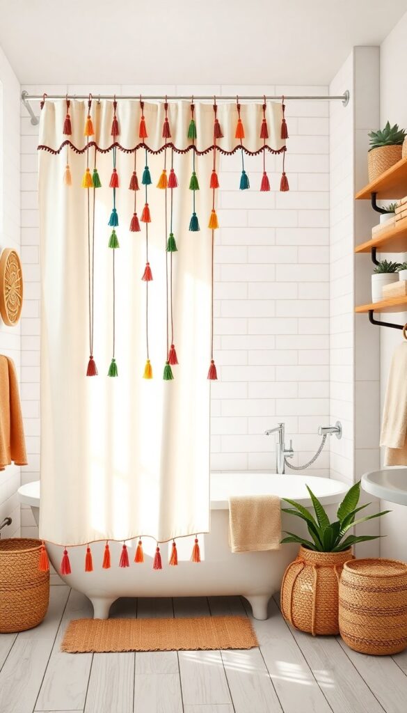 A boho bathroom shower curtain with colorful tassels dangling from the hem in bright natural light