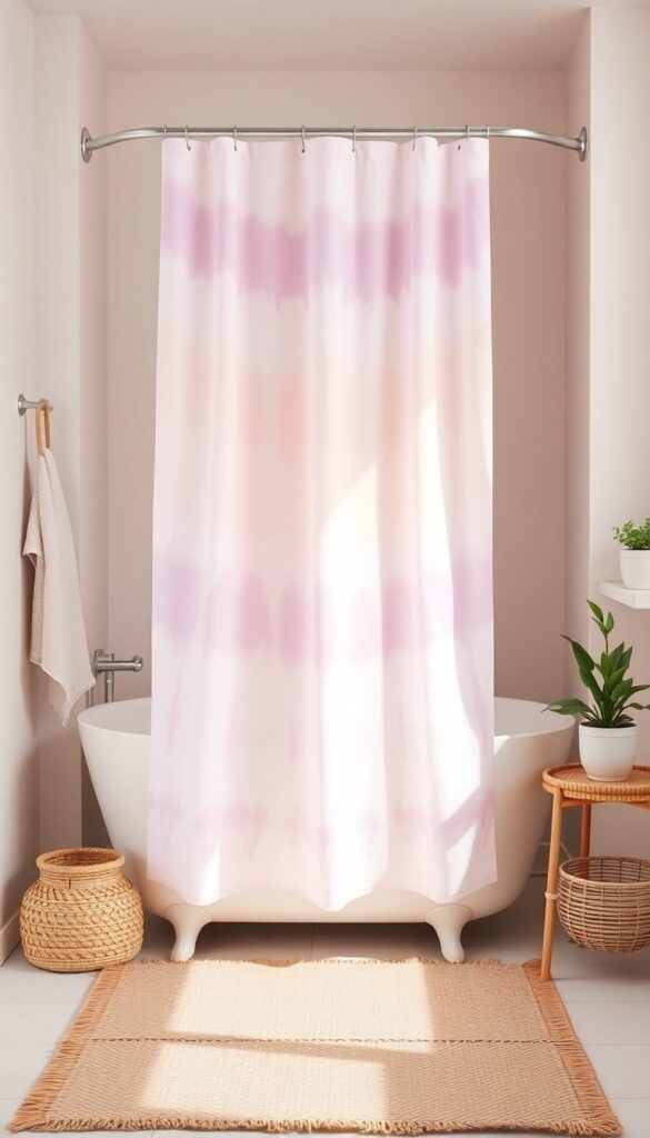 A tie-dye shower curtain in soft pastel colors like blush and lavender in a bright bathroom with natural materials like bamboo and jute for a boho style.