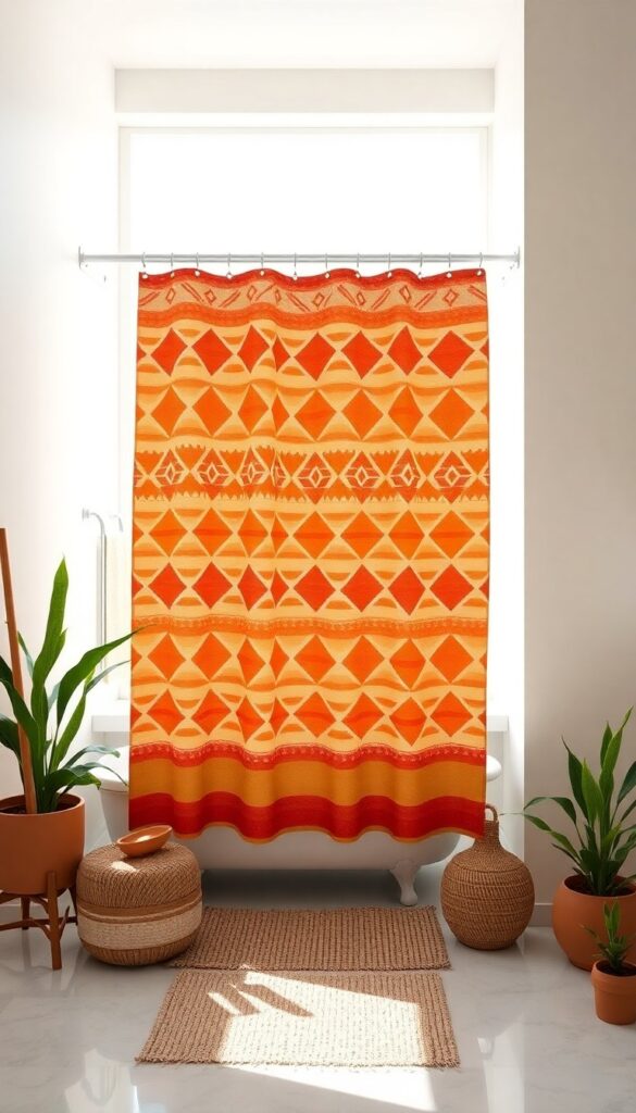 A geometric boho shower curtain in warm terracotta and mustard tones hanging in a bright bathroom with natural textures and plants.