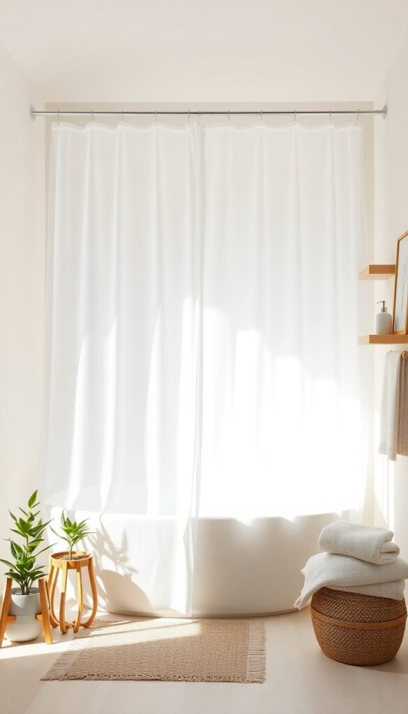 A sheer linen shower curtain in a boho-inspired bathroom with natural light filtering through, creating an airy and serene atmosphere with wooden accents and plants.