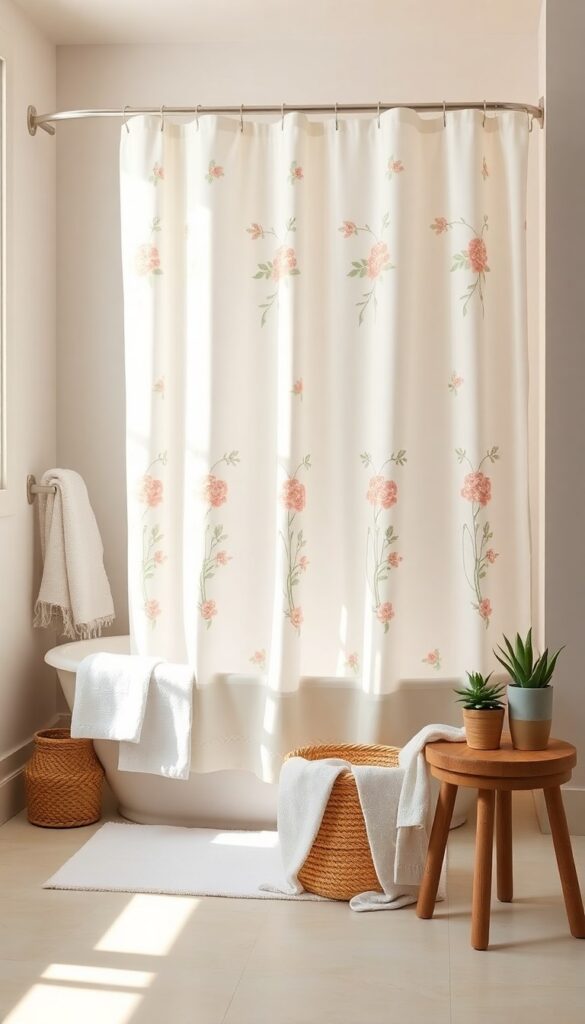 An embroidered floral shower curtain in a boho bathroom with natural light, soft colors, and simple decor elements like plants and woven baskets.