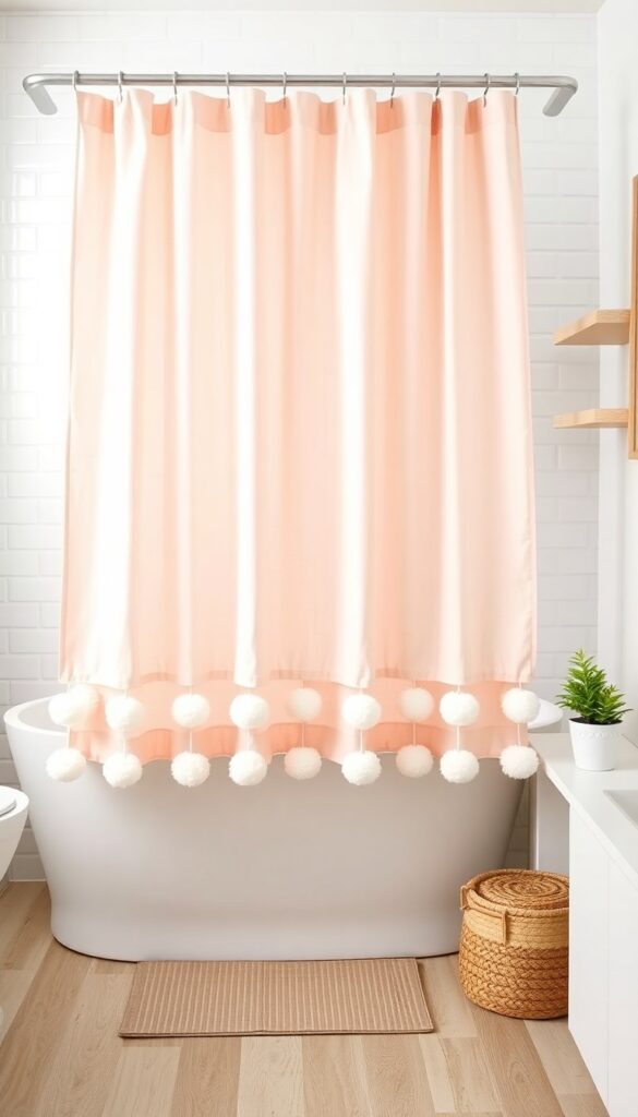A boho-inspired bathroom with a shower curtain featuring fluffy pom-pom trim in soft pastel colors, set against neutral tiles and natural accents for a cozy feel.