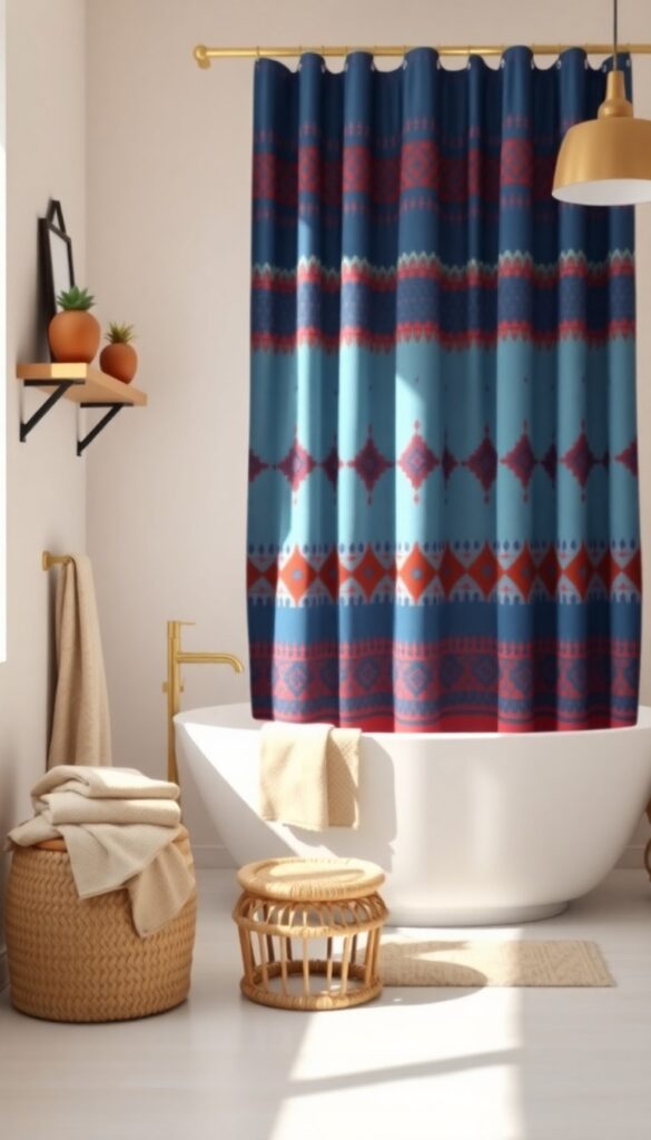 A boho-inspired bathroom with a vibrant global-patterned shower curtain in deep blues and reds, set in bright natural light with neutral towels and warm accents.