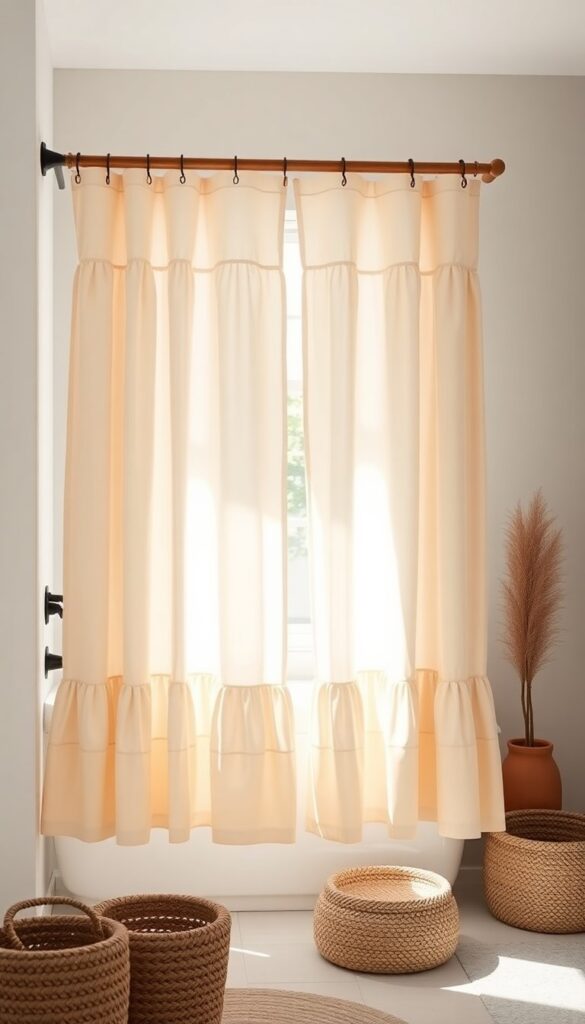 Ruffled hem shower curtain in a boho bathroom with natural light, wooden rod, terracotta pot, and woven baskets for relaxed colorful style.