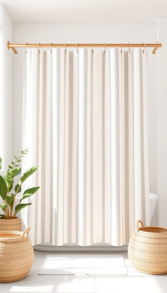 Minimalist boho shower curtain with neutral beige and gray stripes hanging in a bright bathroom with natural wood accents and plants.
