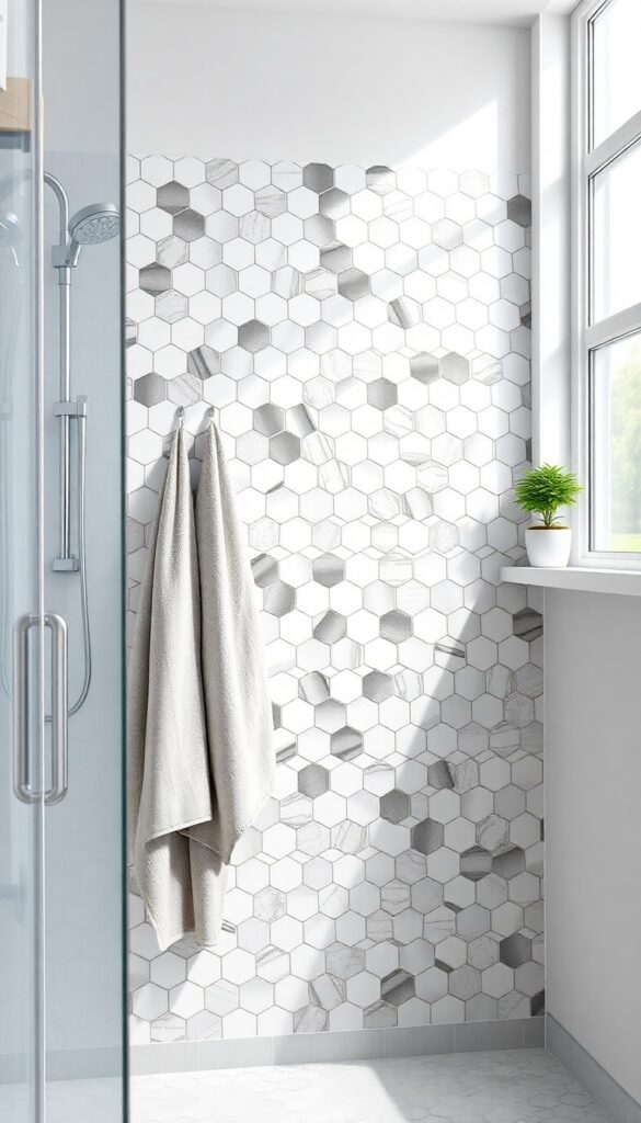 Close-up view of hexagon-patterned peel-and-stick tile sheets on a shower wall, with neutral towels and a plant, illustrating an affordable and stylish bathroom upgrade.