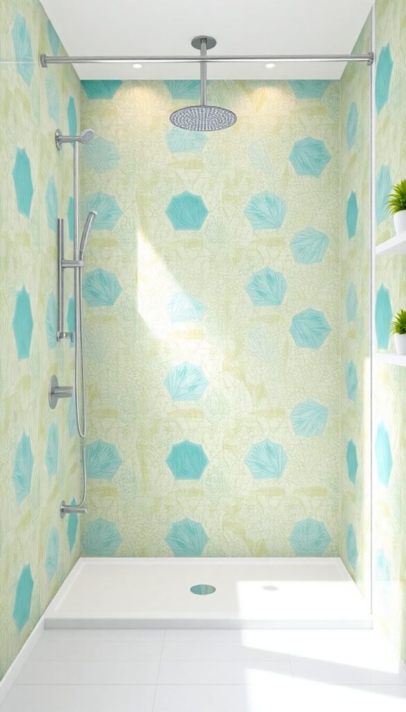 A shower wall with bold geometric waterproof wallpaper in teal and gold colors, featuring neutral fixtures and plants for a stylish bathroom retreat.