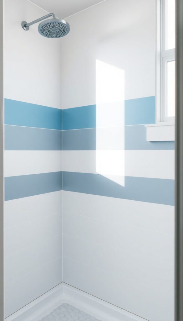 Close-up of a shower wall with painted soft blue and gray accent stripes in a bathroom setting.