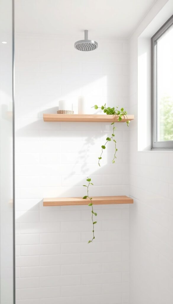 Floating shelves in a shower with natural decor items like plants and baskets, creating a serene and practical bathroom storage solution.
