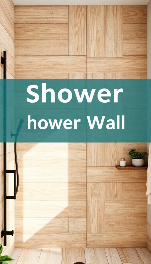 A shower wall with textured reclaimed wood panels in a bright bathroom setting, featuring rustic charm and spa-like elements such as greenery and neutral accessories.