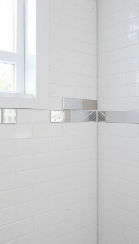 Close-up of mirrored and metallic accent tiles on a shower wall, reflecting light to add sparkle and depth in a bathroom.