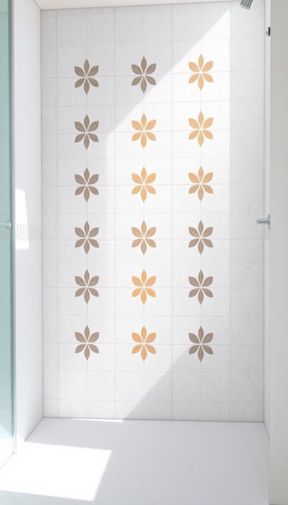 Close-up view of a stenciled shower wall design with waterproof sealant, showcasing custom art in a bathroom setting under natural light.