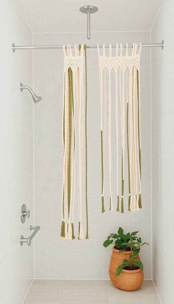 A bathroom shower with hanging macramé panels on a tension rod for a bohemian look