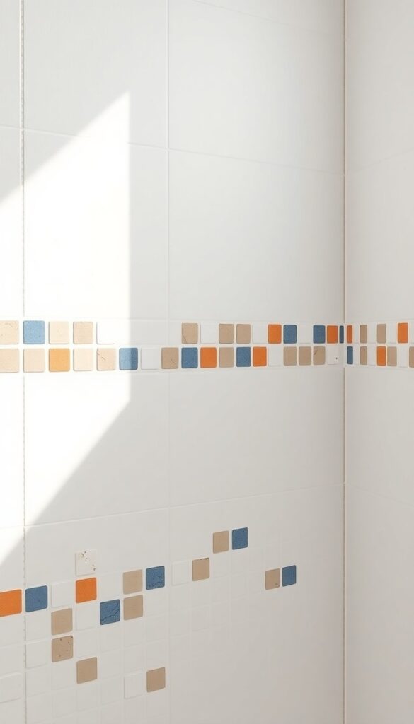 Close-up of a mosaic accent border on a shower wall using broken tile pieces for creative, low-cost bathroom decor.