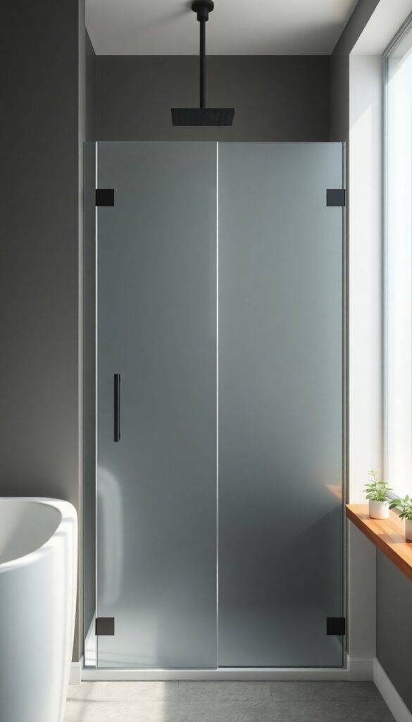 A modern bathroom with frosted glass shower walls providing privacy and diffused light, featuring minimalist fixtures and plants for a clean, airy look.