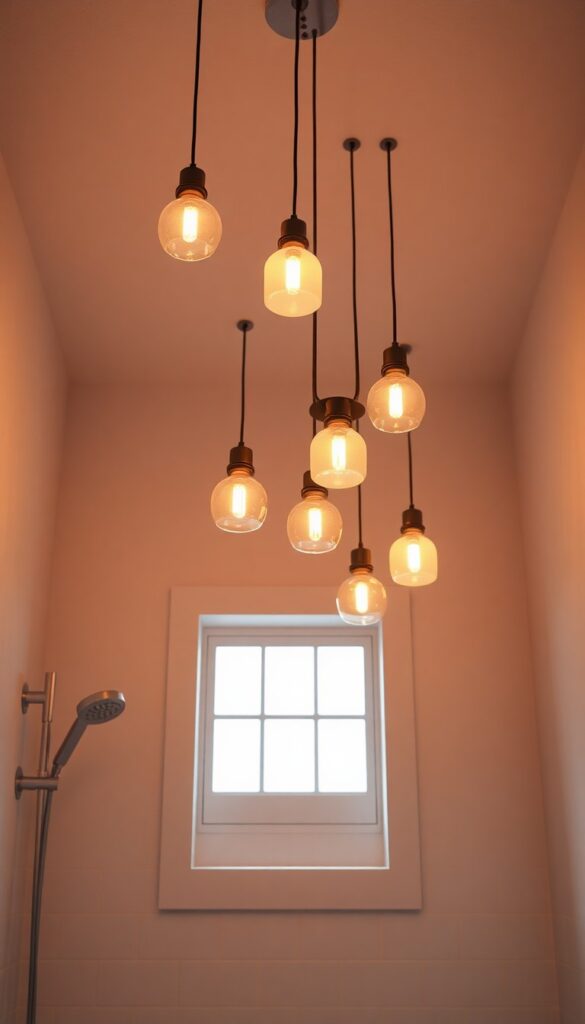 A bathroom shower with soft glow pendant lights hanging from a high ceiling, casting warm diffused light for a cozy and inviting atmosphere.