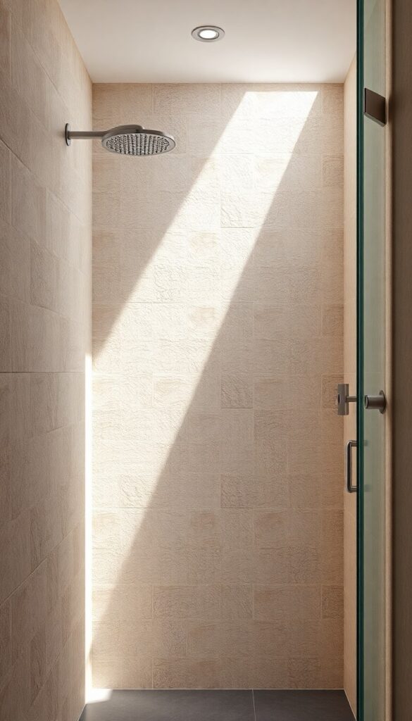 A photorealistic shower enclosure featuring textured tiles on the walls in bright natural light, creating a cozy and inviting atmosphere with clean lines and simple fixtures.