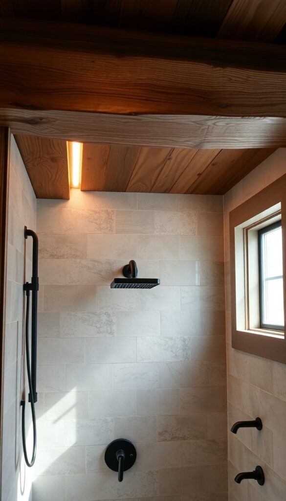 A rustic bathroom shower with a wooden ceiling beam and integrated LED lighting, creating a warm and cozy atmosphere with natural textures and soft illumination.