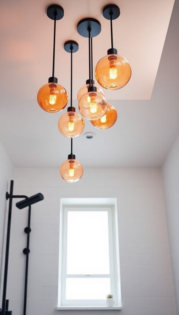 Colorful glass globe pendant lights in amber, peach, and blush hues illuminating a modern shower ceiling with neutral decor and matte black fixtures.
