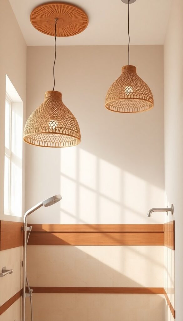Two woven rattan pendant lights hanging in a shower with beige tiles and wooden accents, casting warm patterned shadows for a cozy bohemian vibe.