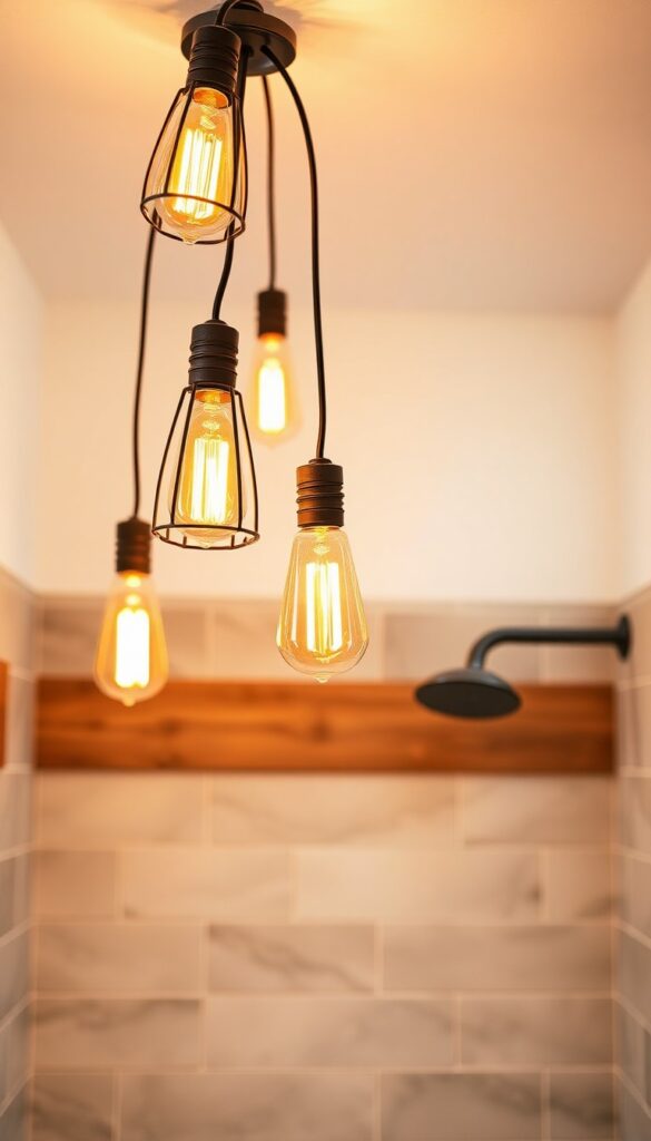Vintage-style Edison bulbs providing warm lighting in a rustic bathroom shower with neutral tiles and wood accents