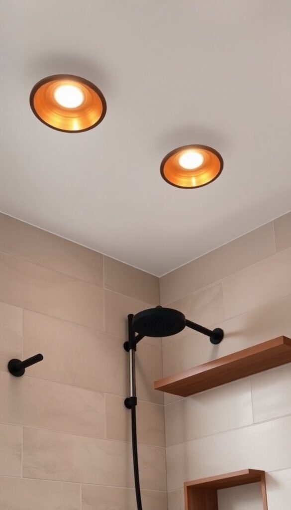Copper downlights on a shower ceiling creating a warm glow in a modern bathroom with stone tiles and wood accents.