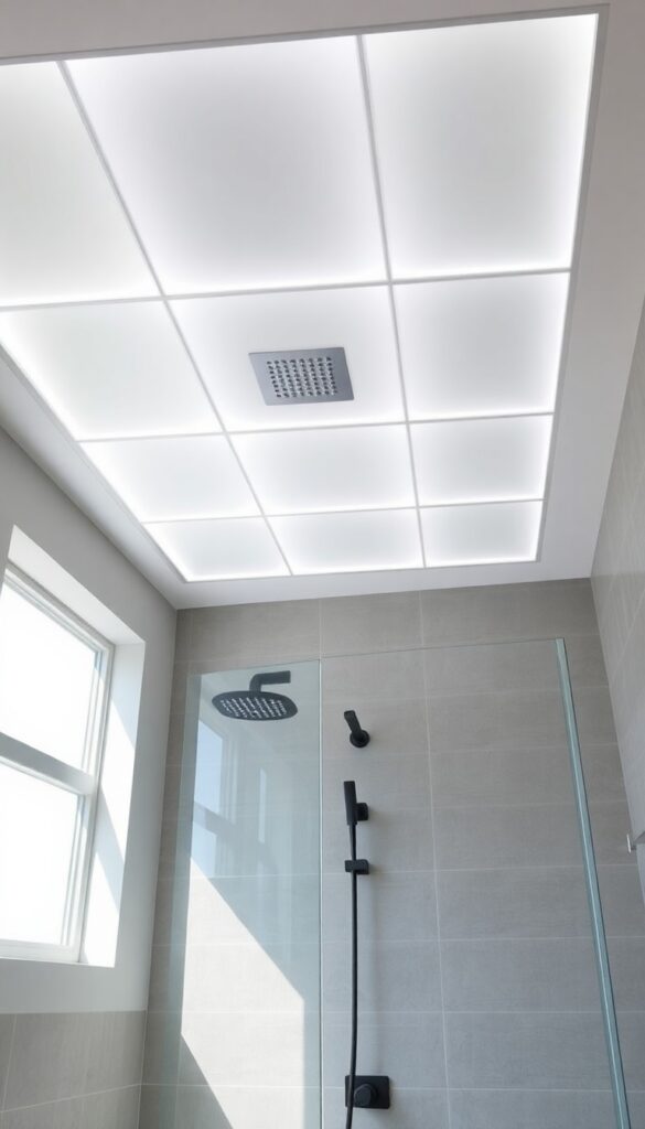 A serene bathroom shower with frosted glass ceiling panels softly lit by hidden LED backlighting, enhancing a spa-like atmosphere in natural light.
